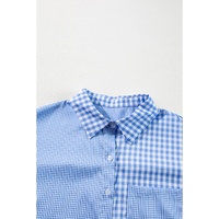 Sky Blue Stripe Plaid Patchwork Button up Long Sleeve Shirt - M thumbnail