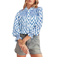Sky Blue Boho Floral Printed Lantern Sleeve Frilled Neck Shirred Shirt - M thumbnail
