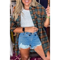 Green Plaid Long Sleeeve Side Split Distressed Hem Shirt - 3XL thumbnail