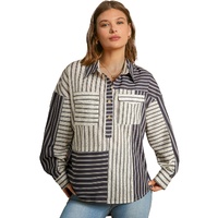 Black Stripe 2-tone Patchwork Half Buttons Chest Pockets Casual Blouse - M thumbnail