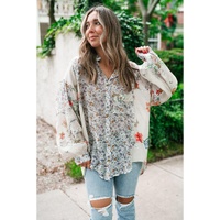 Purple Boho Floral Bishop Sleeve Button Up Loose Shirt - L thumbnail