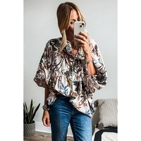 White Floral Print Balloon Sleeves Button Up Loose Casual Shirt - S thumbnail