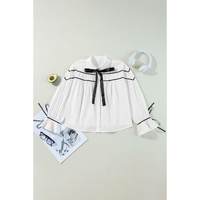 White Black Pipping Ribbon Bowtie Collared Ruffled Puff Sleeve Shirt - XL thumbnail