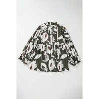 Four Leaf Clover Abstract Floral Print Puff Sleeve Half Button Blouse - L thumbnail