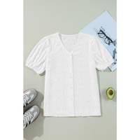 White Lace Puff Sleeve V Neck Button Up Shirt - L thumbnail