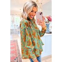 Green Tiger Floral Printed Collared V Neck Casual Shirt - S thumbnail