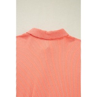 Grapefruit Orange Corded Half Sleeve Button Up High Low Hem Loose Shirt - S thumbnail