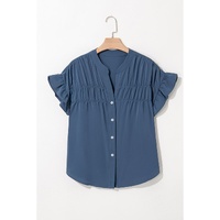 Real Teal Solid Color Ruffle Ruched Short Sleeve Buttoned Shirt - S thumbnail