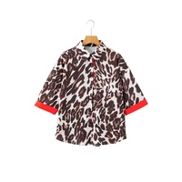 Dark Brown Contrast Trim Patchwork Leopard Print Half Sleeve Shirt - L thumbnail