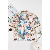 Multicolour Floral Print Ricrac Trim Collared Puff Short Sleeve Shirt - S thumbnail