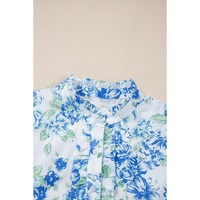 Sky Blue Floral Print Ruffle Sleeve Frilly Button Up Shirt - L thumbnail