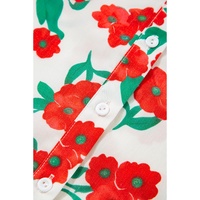 Red Floral Print Ruffled Puff Sleeve Elegant Summer Shirt - S thumbnail