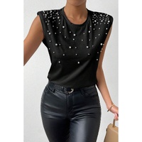 Black Pearls Beaded Shoulder Pad Crew Neck Tank Top - L thumbnail
