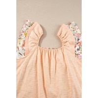 Apricot Pink Floral Patchwork Square Neck Ruffle Sleeve Blouse - M thumbnail