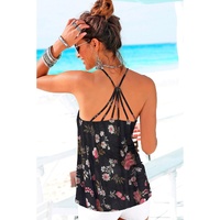Black Floral Spaghetti Straps Strappy Back Tank Top - L thumbnail