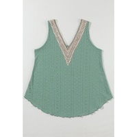 Mist Green Lace Crochet Splicing V Neck Loose Fit Tank Top - L thumbnail