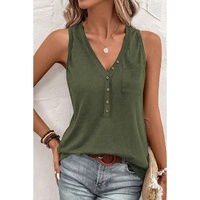 Jungle Green Half Button V Neck Patched Pocket Tank Top - L thumbnail
