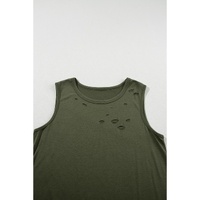 Jungle Green Solid Color Distressed Holes Crew Neck Tank Top - L thumbnail