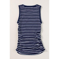 Blue Stripe Contrast Round Neck Sleeveless Slim Top - L thumbnail