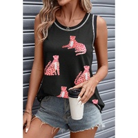 Black Sequin Cheetah Round Neck Stitching Loose Tank Top - M thumbnail