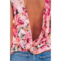Pink Floral Round Neck Twisted Cut Out Back Tank Top - L thumbnail