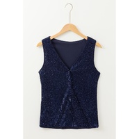 Dirty blue Sequined Deep V Neck Buttoned Tank Top - L thumbnail