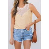 Oatmeal Solid Mesh Patchwork Crew Neck Tank Top - L thumbnail