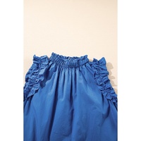 Sky Blue Frilled Neck Ruffled Armholes Buttoned Back Tank Top - L thumbnail