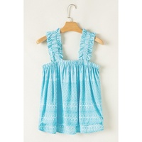Sky Blue Tribal Pattern Print Ruffled Wide Straps Loose Tank Top - L thumbnail
