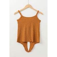 Straw Yellow Ribbed Front Knot Buttoned Thin Strap Tank Top - L thumbnail
