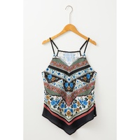 Red Mixed Floral Chevron Pattern Dip Hem Spaghetti Straps Tank - M thumbnail