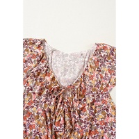 Red Floral Print Knot V Neck Ruffled Sleeve Blouse - XL thumbnail