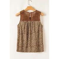 Brown Eyelet Knit Yoke Patchwork Printed Flowy Fit Tank Top - S thumbnail