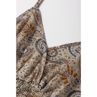 Khaki Paisley Printed Spaghetti Strap V Neck Smocked Babydoll Tank Top - L thumbnail