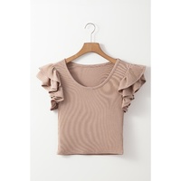 Smoke Gray Ribbed Knit Ruffled Shoulder Slim Fit Tank Top - XL thumbnail