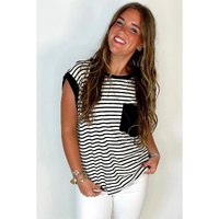 Black Stripe Chest Pocket Patch Round Neck Tank Top - L thumbnail