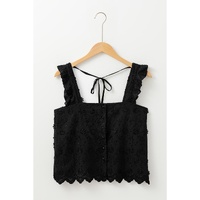 Black Floral Embroidered Buttoned Square Neck Tank Top - L thumbnail