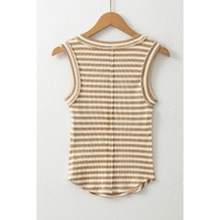 Khaki Stripe Exposed Seam Trim Round Neck Sleeveless Top - L thumbnail