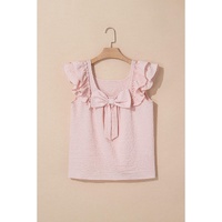 Gossamer Pink Textured Bow Knot Frilled Butterfly Sleeve Blouse - L thumbnail