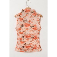 Red Mesh Floral Printed Slim Fit Tank Top - L thumbnail