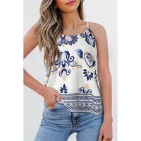 Blue Bohemian Fashion Print Spaghetti Straps Loose Tank - L thumbnail
