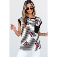 Black Stripe Sequined Lobster Patched Pocket Casual Tank Top - L thumbnail