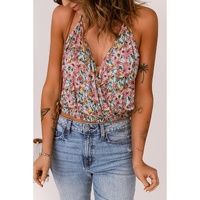 Multicolor Wrapped V Neck Floral Tank Crop Top - M thumbnail