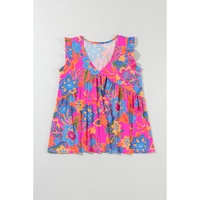Rose Red Boho Pattern Print Flounce V Neck Tank Top - S thumbnail