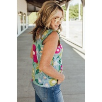 Green Floral Print Ruffle Trim Tank Top - M thumbnail