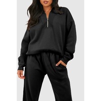 Black Plain Half Zip V Neck Ribbed Edge Loose Tracksuit - 2XL thumbnail