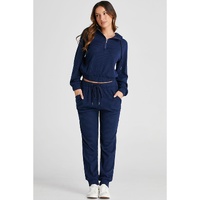 Navy Blue Ribbed Knit Cropped Hoodie and Drawstring Joggers Set - M thumbnail