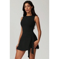 Black Sleeveless Knot Skirt Hem Sports Romper - L thumbnail