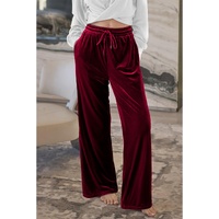Burgundy Solid Drawstring Waist Wide Leg Pants - M thumbnail