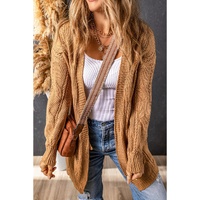 Azura Exchange Khaki Ribbed Trim Eyelet Cable Knit Cardigan - M thumbnail